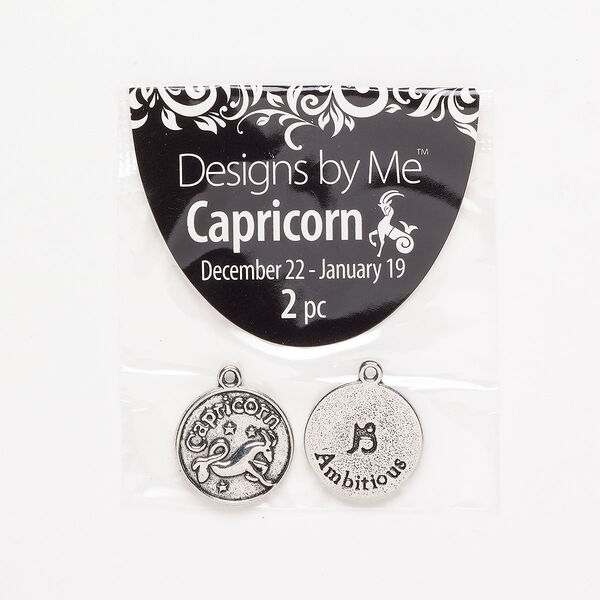 "Pewter" (zinc-based alloy) / enamel 1pkg2, 2-sided round charm / Capricorn / "Ambitious" antique silver-finish / black 17mm image number 0