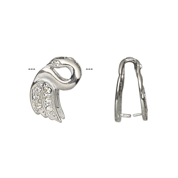 Bail, ice-pick, Egyptian glass rhinestone and imitation rhodium plate brass, clear, 17x10mm swan, 13mm grip length. Sold per pkg of 6. image number 0