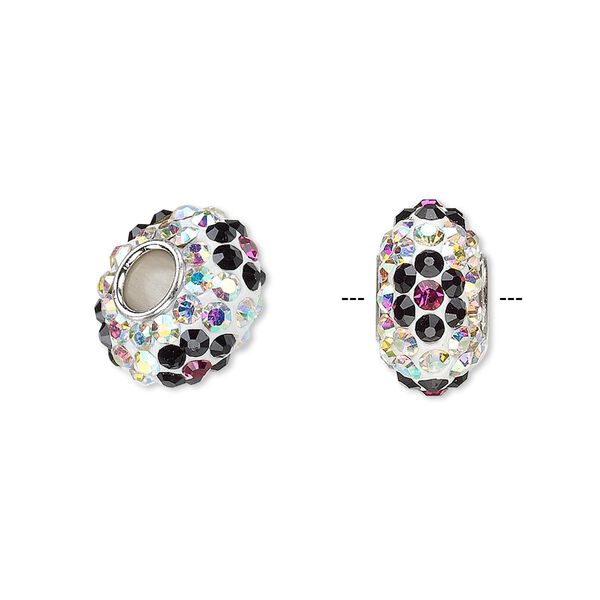 Bead, Dione®, Czech glass rhinestone / epoxy / imitation rhodium-plated brass grommet, white and multicolored, 13x8mm-14x8mm rondelle with flower, 4.5mm hole. Sold individually. image number 0