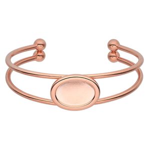 Bracelet, cuff, copper-plated brass and "pewter" (zinc-based alloy), 65x18mm with 18x13mm oval setting, adjustable. Sold individually.
