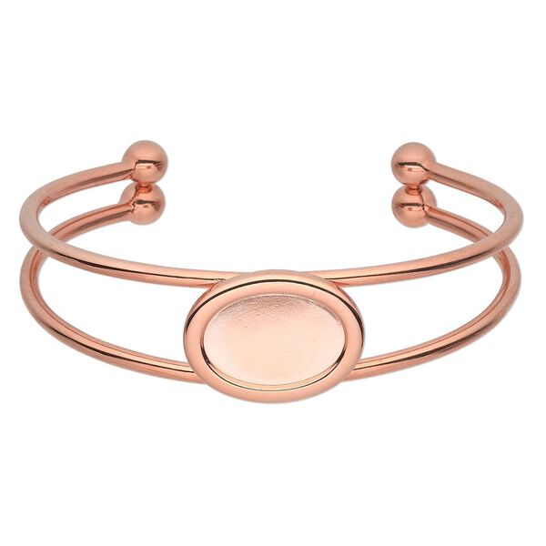 Bracelet, cuff, copper-plated brass and "pewter" (zinc-based alloy), 65x18mm with 18x13mm oval setting, adjustable. Sold individually. image number 0