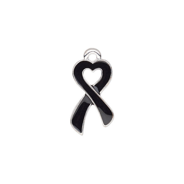 Charm, enamel and silver-finished "pewter" (zinc-based alloy), black, 18x10.5mm single-sided awareness ribbon heart. Sold per pkg of 2. image number 0