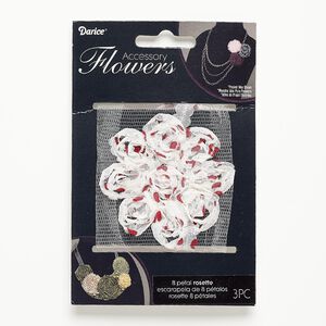Sew-on component, fabric, red and white, 2-1/2 to 2-3/4 inch flower with polka dots. Sold per pkg of 3.