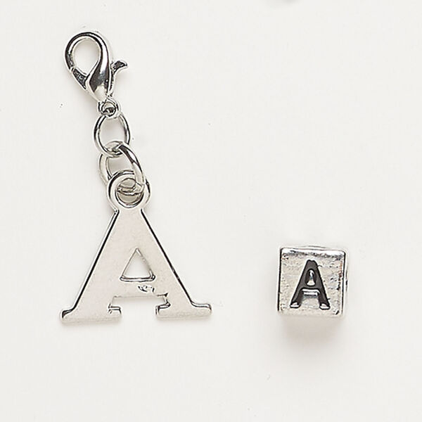 Bead and charm 1pkg2, antique silver-finished "pewter" (zinc alloy) / steel / enamel, black, 7mm cube with alphabet letter "A" and 16x11mm alphabet letter "A" with lobster claw clasp. image number 0