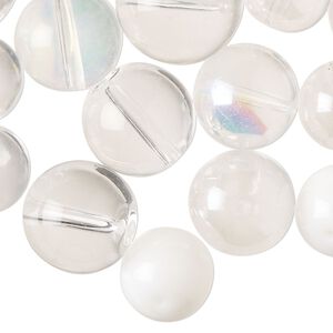 Bead, glass, pkg/6 ounces, 12-18mm center-drilled round, transparent clear / translucent clear AB / white.