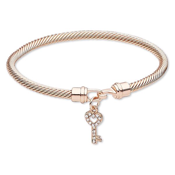 Bracelet, bangle, Czech glass rhinestone with copper-plated "pewter" (zinc-based alloy) and brass, clear, 4mm twisted cable with 16x8mm key, 7-1/2 inches with hook-and-eye clasp. Sold individually. image number 0