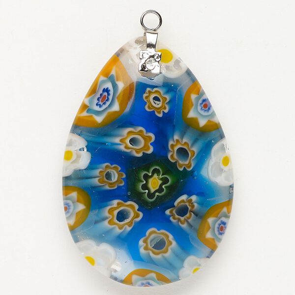 Focal 1pkg1 silver-finished steel and millefiori glass, translucent and transparent aqua blue and multicolored, 44x30mm-46x32mm puffed teardrop. image number 0