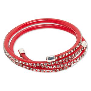 Bracelet, cuff, PVC plastic / glass rhinestone / silver-finished brass, red and clear, 4mm wide with cupchain, adjustable from 6-1/2 to 7 inches. Sold per pkg of 2.