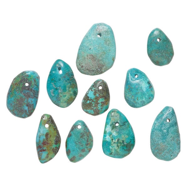 Turquoise 1pkg10, hand-cut top-drilled puffed teardrop / oval / freeform drop, mix 16x12mm-26x18mm green / blue / brown image number 0
