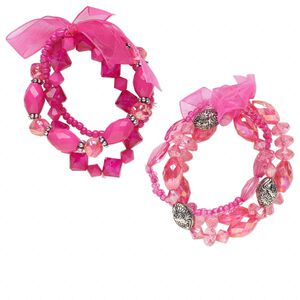 Bracelet, stretch, acrylic / glass / organza ribbon / silver-coated plastic, hot pink, bicone and multi-shape, 6 inches. Sold per pkg of 6.