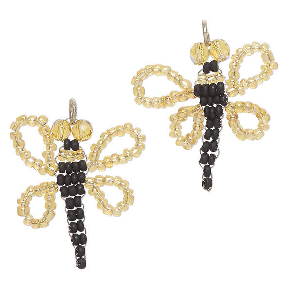 Drop, "pewter" (zinc-based alloy) and glass, pkg/2, 29-31mm dragonfly, silver finish / black / topaz AB. image number 0