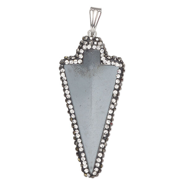 Pendant Hemalyke™ brass glass epoxy 1pk 44x21mm arrowhead, Everyday Jewelry silver finish clear black image number 0
