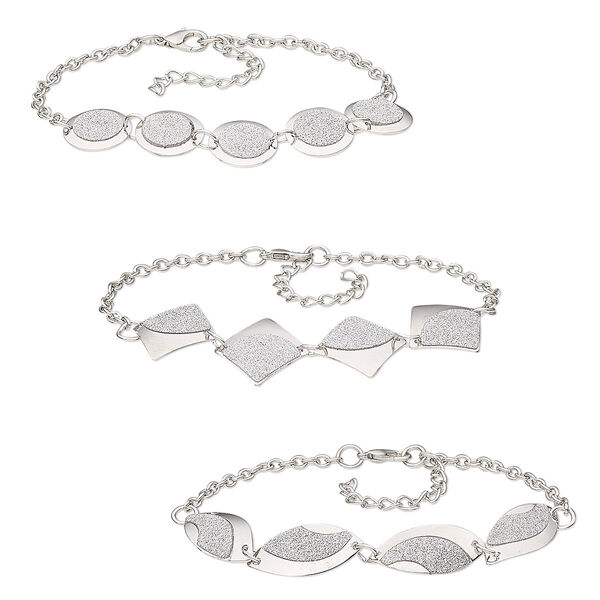 Bracelet, glitter paper / imitation rhodium-coated plastic / imitation rhodium-plated steel, silver, 15mm round / 21mm diamond / 26x12mm twisted marquise, 8 inches with 1-3/4 inch extender chain and lobster claw clasp. Sold per pkg of 3. image number 0