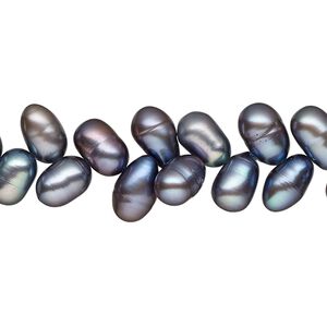 Pearl, cultured freshwater (dyed), peacock, 8x6mm-10x6mm herringbone-drilled rice, C- grade, Mohs hardness 2-1/2 to 4. Sold per 15-inch strand.