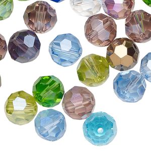 Bead mix, glass, pkg/2 ounces, opaque to transparent mixed colors, 9-11mm faceted round.