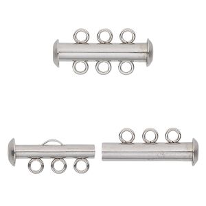 Clasp slide lock 1pkg10, 21x6mm tube, stainless steel 3-strand