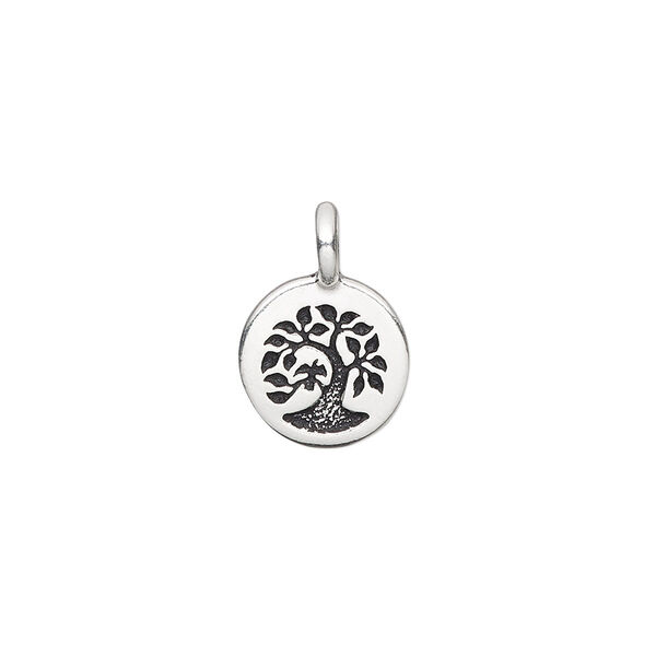 Drop, TierraCast®, antique silver-plated pewter (tin-based alloy), 12mm single-sided flat round with textured tree. Sold per pkg of 20. image number 0