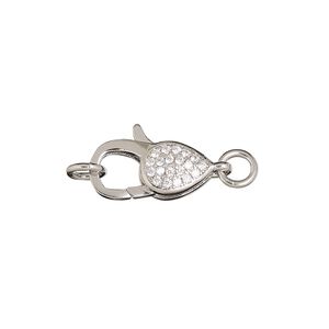 Clasp lobster claw 1pkg1, 17x8mm double-sided / 5.5mm jump ring, silver-finished brass / cubic zirconia clear 1-strand