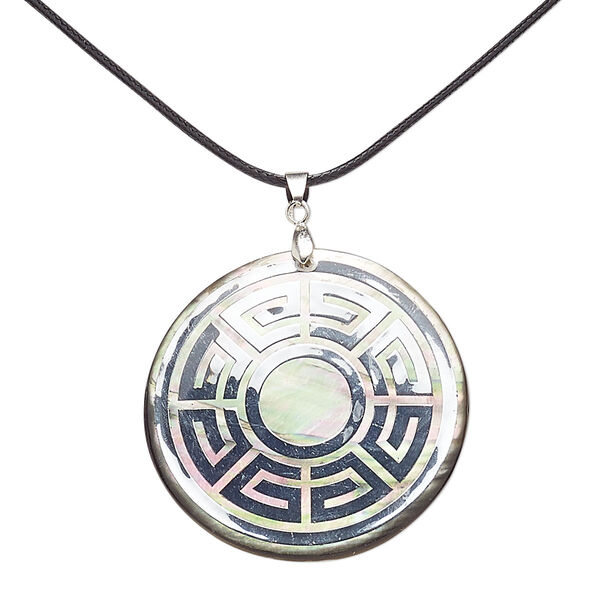 Necklace, black lip shell (coated) / waxed cotton cord / imitation rhodium-plated brass / steel, silver and black, 50mm round with swirl decal, 18 inches with 3-inch extender chain and lobster claw clasp. Sold individually. image number 0