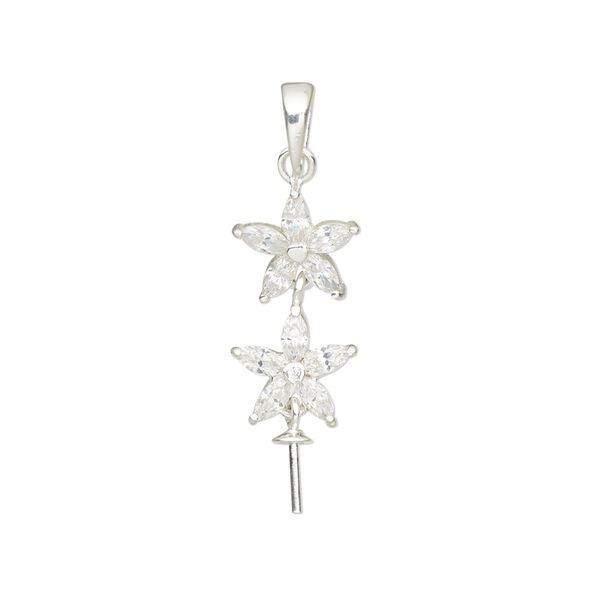 Pendant, cubic zirconia and sterling silver, clear, 25mm single-sided flower with 3mm cup and 5mm peg, fits up to 12mm bead. Sold individually. image number 0