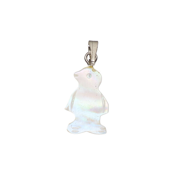 Pendant, mother-of-pearl shell (bleached) / antique silver-finished "pewter" (zinc-based alloy) / steel, 16x11-17mmx12mm single-sided carved penguin. Sold individually. image number 0