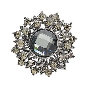 Brooch, glass rhinestone with antique silver-plated brass and "pewter" (zinc-based alloy), smoky brown and grey, 36mm fancy round. Sold individually.