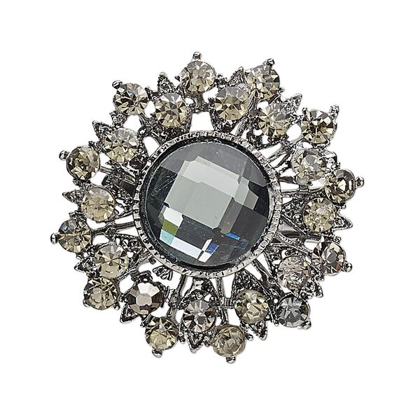 Brooch, glass rhinestone with antique silver-plated brass and "pewter" (zinc-based alloy), smoky brown and grey, 36mm fancy round. Sold individually. image number 0