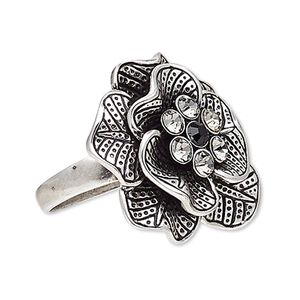 Ring, Austrian crystal and antique silver-plated "pewter" (zinc-based alloy), clear and black, 29x29mm flower with etched design, size 10. Sold individually.