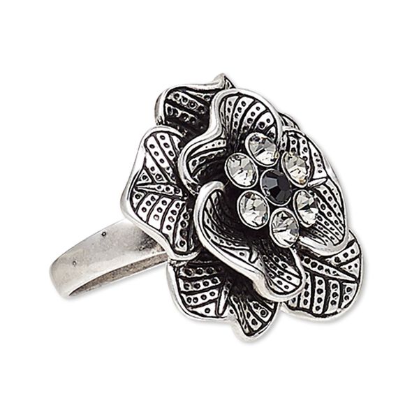 Ring, Austrian crystal and antique silver-plated "pewter" (zinc-based alloy), clear and black, 29x29mm flower with etched design, size 10. Sold individually. image number 0