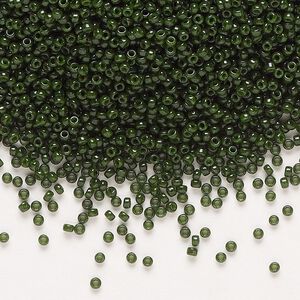 Seed bead, Miyuki, glass, pkg/35g, #15 rocaille, opaque outside dyed olive green, (RR-1488).