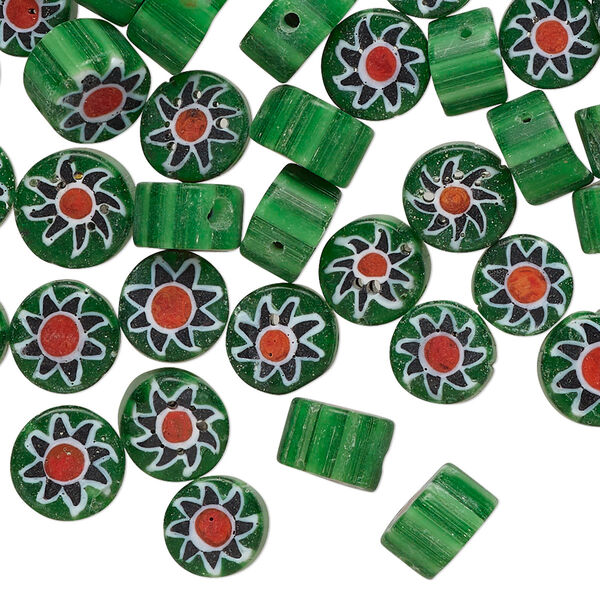 Bead, millefiori glass, opaque and translucent green / red / blue, 7-9mm flat round with 0.8mm hole. Sold per 1.5-ounce pkg. image number 0