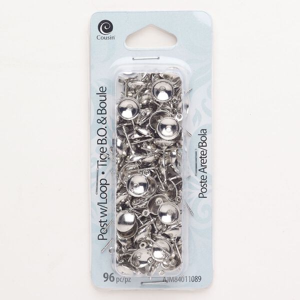 Earstud, steel, pkg/48 pairs, antique silver finish, 10x8mm with closed loop and 6.5mm round setting. image number 0