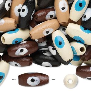 Bead mix, painted wood, mixed colors, 15x7mm oval with wards off the evil eye design. Sold per 90-gram pkg, approximately 420 beads.