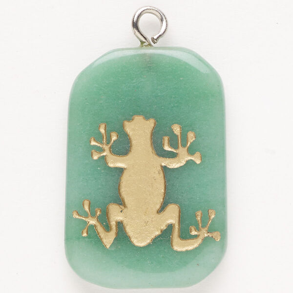 Focal, steel/green aventurine (natural)/enamel, pkg/1, silver finish and gold, 30x24mm-39x27mm single-sided puffed freeform with frog, B grade. image number 0