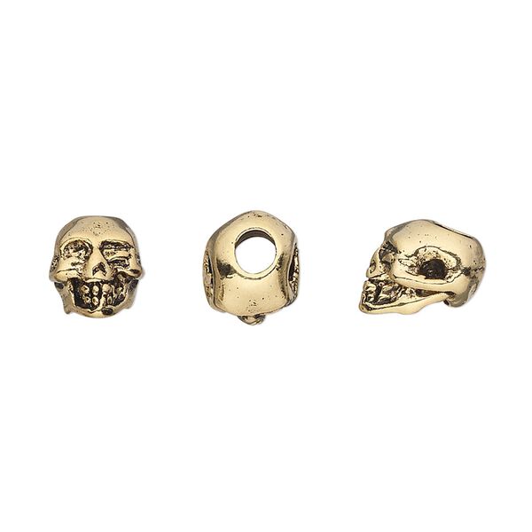 Bead, antique gold-plated pewter (tin-based alloy), 9x8mm skull. Sold per pkg of 2. image number 0