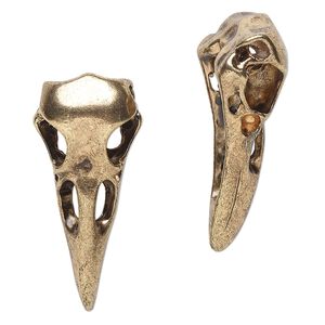 Focal, antique brass finish "pewter" (zinc-based alloy), 41x18mm 3D raven skull. Sold per pkg of 2.