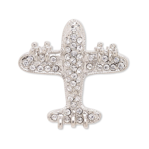 Spot pin, Czech glass rhinestone with silver-plated brass and "pewter" (zinc-based alloy), clear, 33x22mm airplane. Sold individually. image number 0