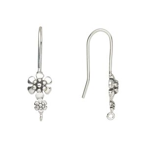 Ear wire fishhook 1pkg2 sterling silver, 29mm / 7mm flower / 4mm flower / open loop, 20 gauge antiqued 1 pair