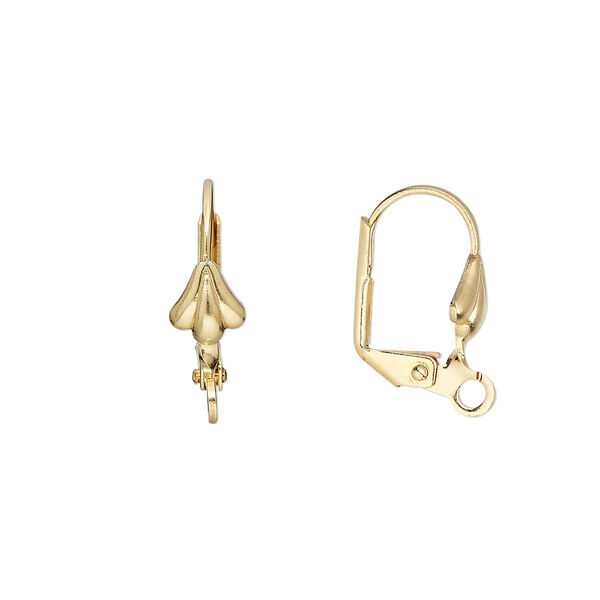 Ear wire, gold-plated brass, 18mm leverback with 8x6mm shell and open loop. Sold per pkg of 5 pairs. image number 0