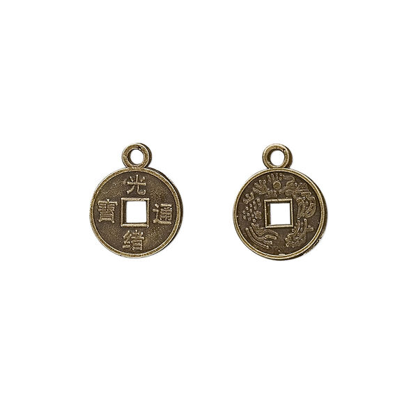 Charm, antique brass-plated "pewter" (zinc-based alloy), 10mm Chinese coin replica. Sold per pkg of 50. image number 0