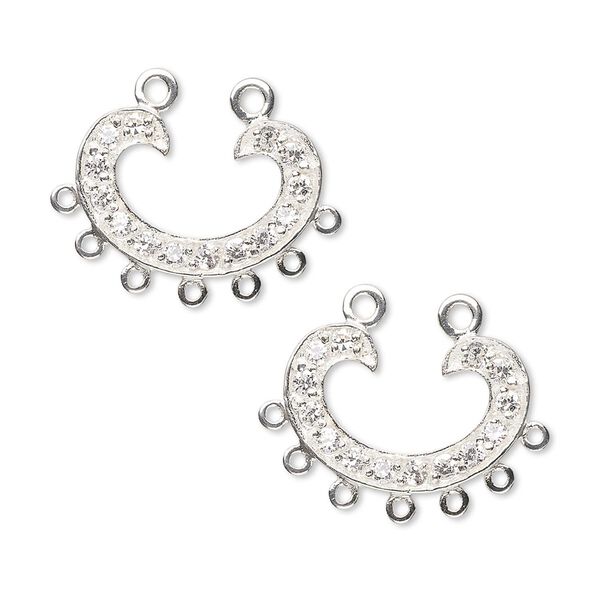 Link, sterling silver and cubic zirconia, clear, 18x12mm single-sided horseshoe with closed 7 loops. Sold per pkg of 2. image number 0