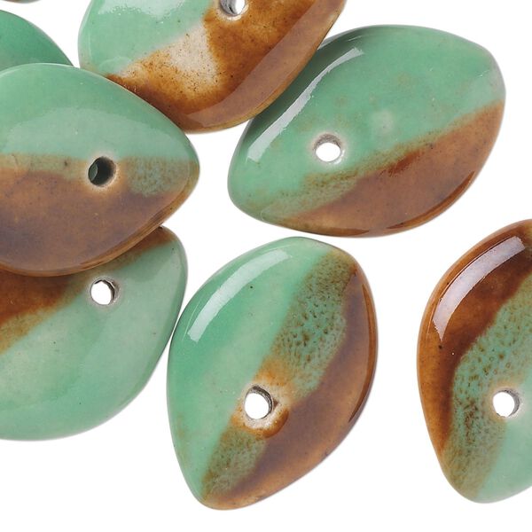 Bead, porcelain, green and brown, 25x18mm top-drilled flat teardrop. Sold per pkg of 10. image number 0