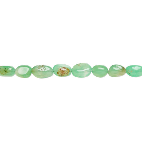 Bead, chrysoprase (natural), light to medium, small to medium hand-cut pebble with 0.4-1.4mm hole, Mohs hardness 6-1/2 to 7. Sold per 8-inch strand, approximately 35 beads. image number 0