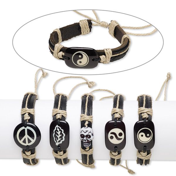 Bracelet mix, leather (natural / dyed) / resin / waxed cotton cord, black / tan / white, 25mm wide with mixed design, adjustable from 5-1/2 to 8 inches with knot closure. Sold per pkg of 5. image number 0