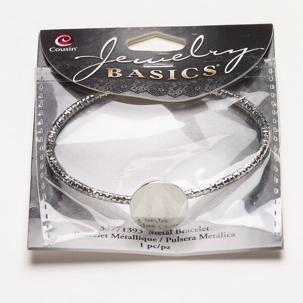 Bracelet, cuff, steel, pkg/1, silver finish, 6-1/2 inches textured with 16mm round flat pad. image number 0