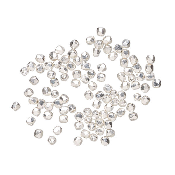 Bead 1pkg100, fire-polished, silver-plated glass, opaque clear, 2mm faceted round. image number 0