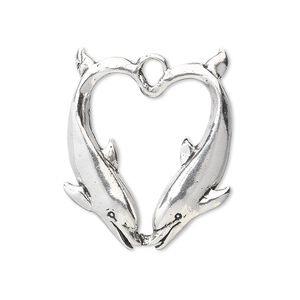 Charm, sterling silver, 25x22mm single-sided double-dolphins. Sold individually.