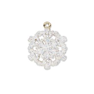 Charm, enamel and gold-finished "pewter" (zinc-based alloy), white with glitter, 19mm single-sided snowflake. Sold individually.