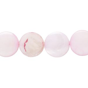 Bead, mother-of-pearl shell (dyed), light pink, 12-14mm flat round with 0.6-1mm hole, Mohs hardness 3-1/2. Sold per 15-inch strand.