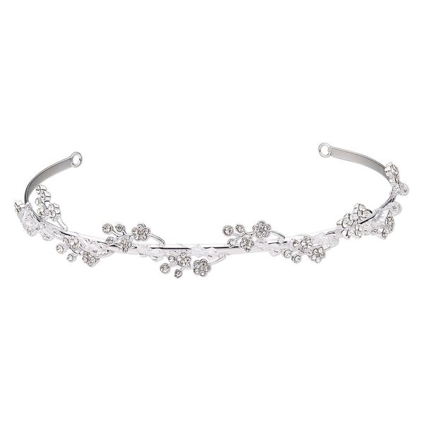 Headband, glass / glass rhinestone / imitation rhodium-plated brass, clear, 20mm wide with 2 loops, 15 inches. Sold individually. image number 0